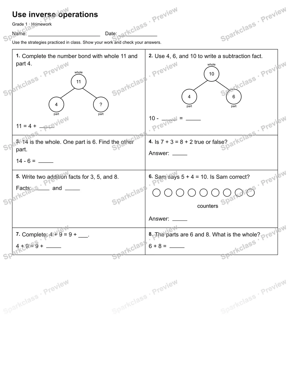 Use inverse operations — Homework — Grade 1 worksheet preview