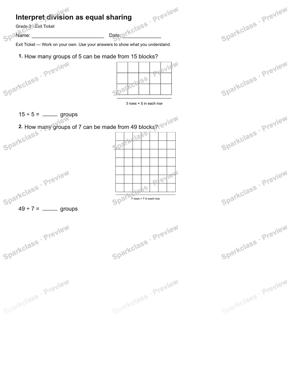 Interpret division as equal sharing — Exit Ticket — Grade 3 worksheet preview