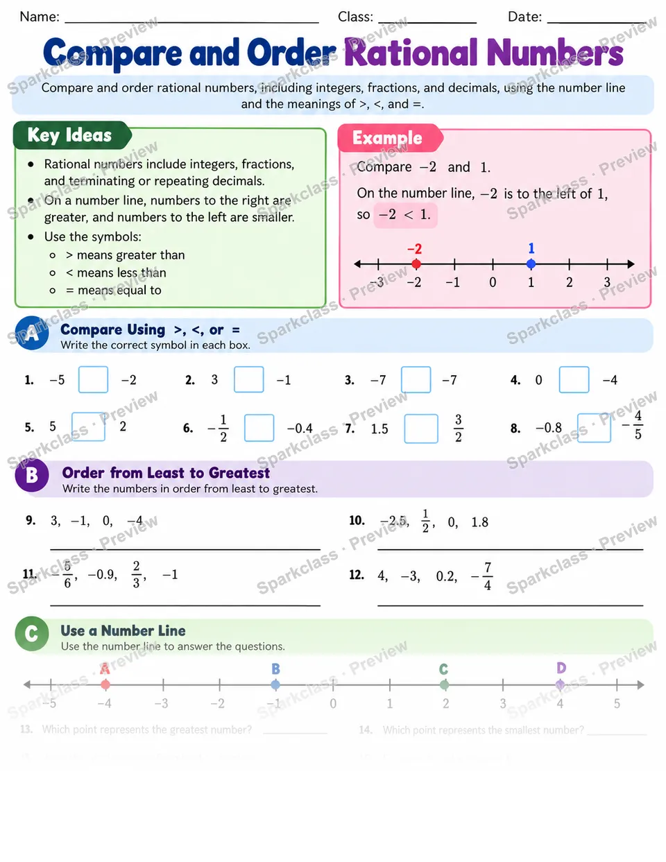 Compare Rational — Grade 6 worksheet preview