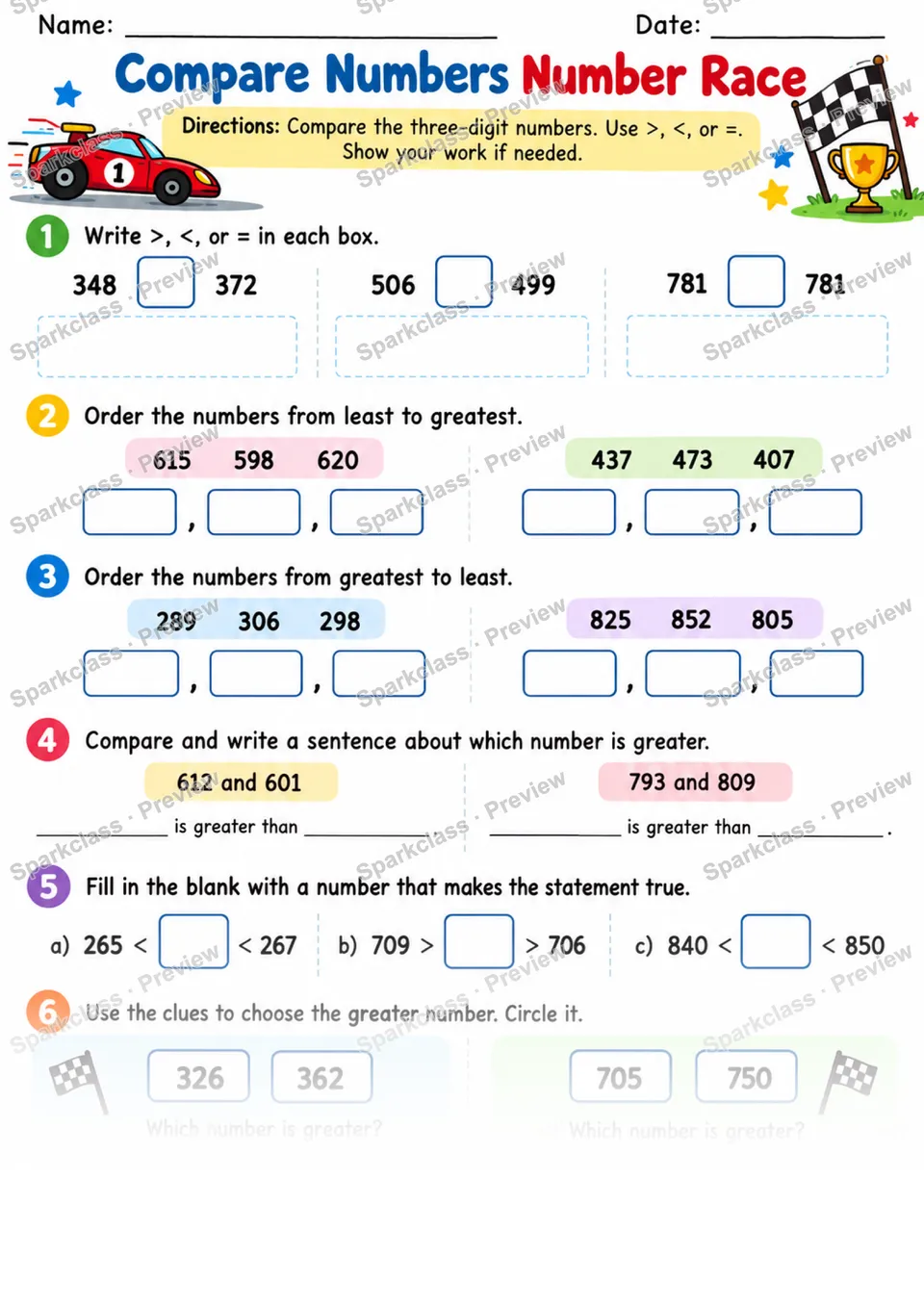2.NBT.A.4 · Compare Number Race — Grade 2 worksheet preview