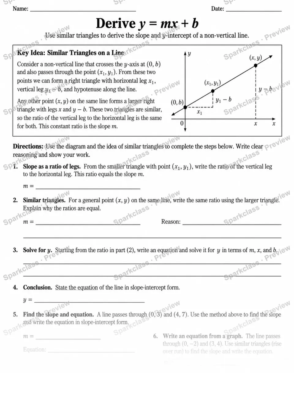 8.EE.B.6 · Derive the equation y = mx + b — Grade 8 worksheet preview