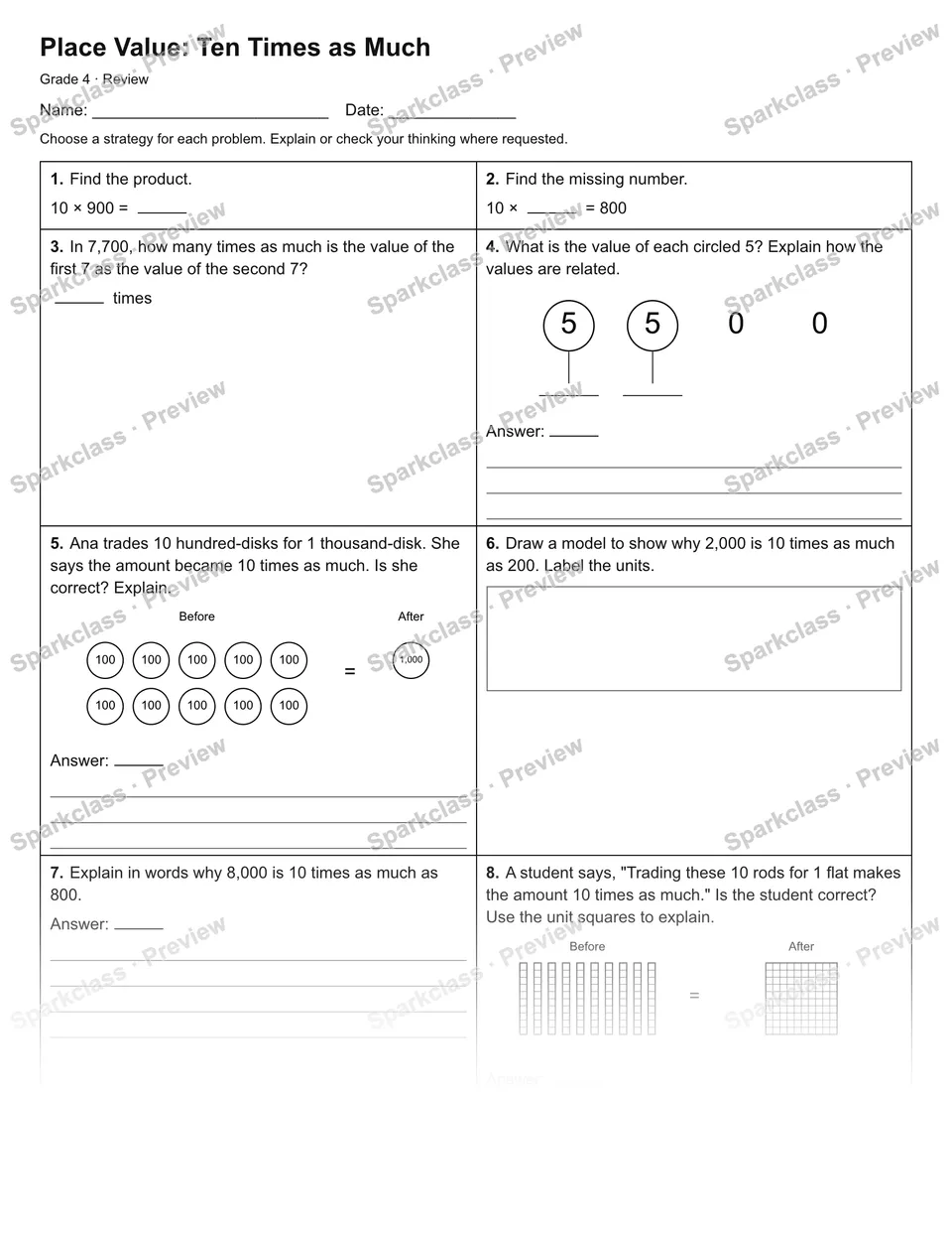 Place Value: Ten Times as Much — Review — Grade 4 worksheet preview