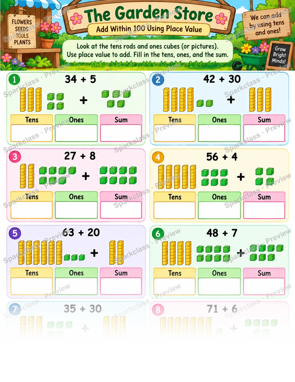 Garden Store Add Within 100 — Grade 1 worksheet preview