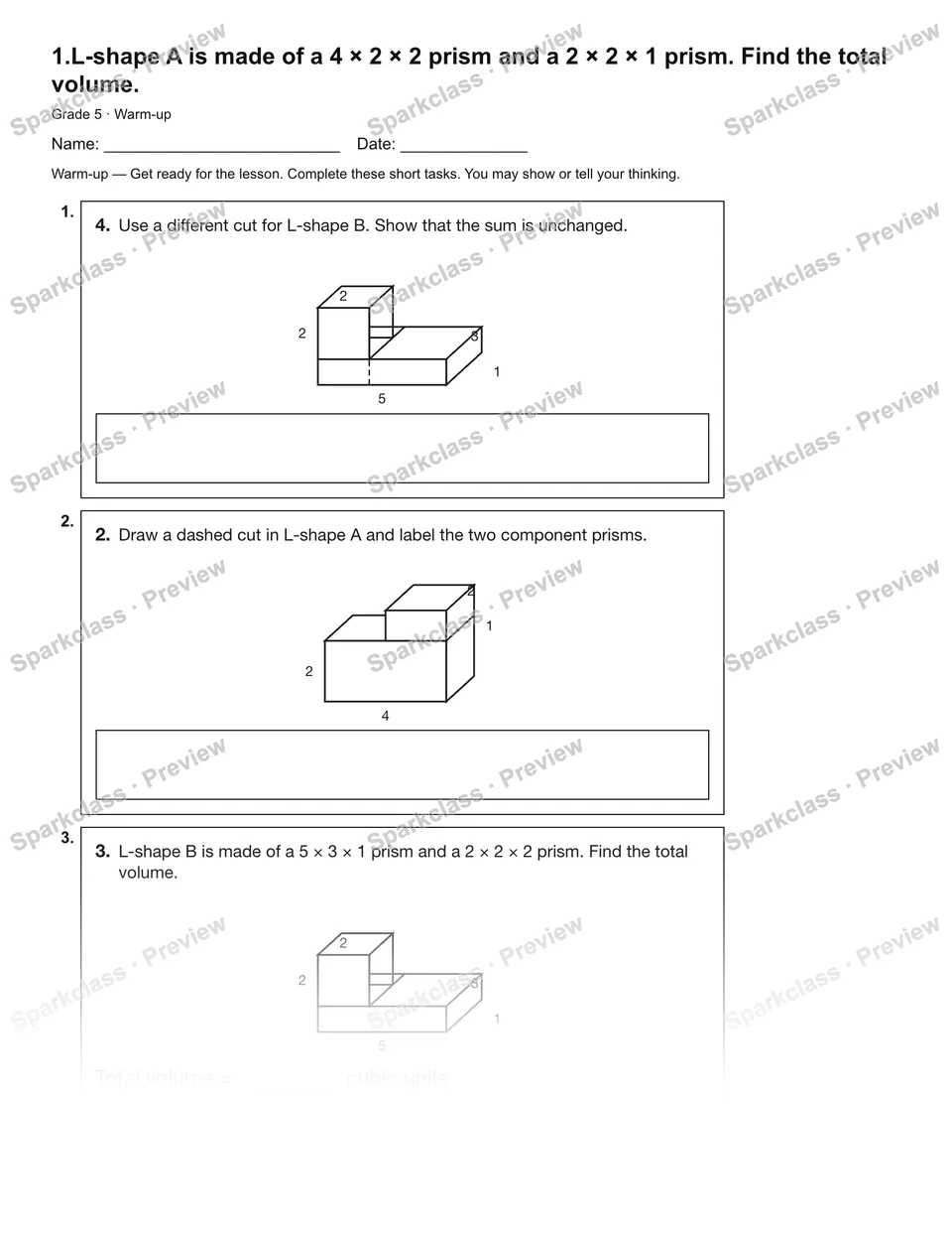 1.L-shape A is made of a 4 × 2 × 2 prism and a 2 × 2 × 1 prism. Find the total volume. — Warm-up — Grade 5 worksheet preview