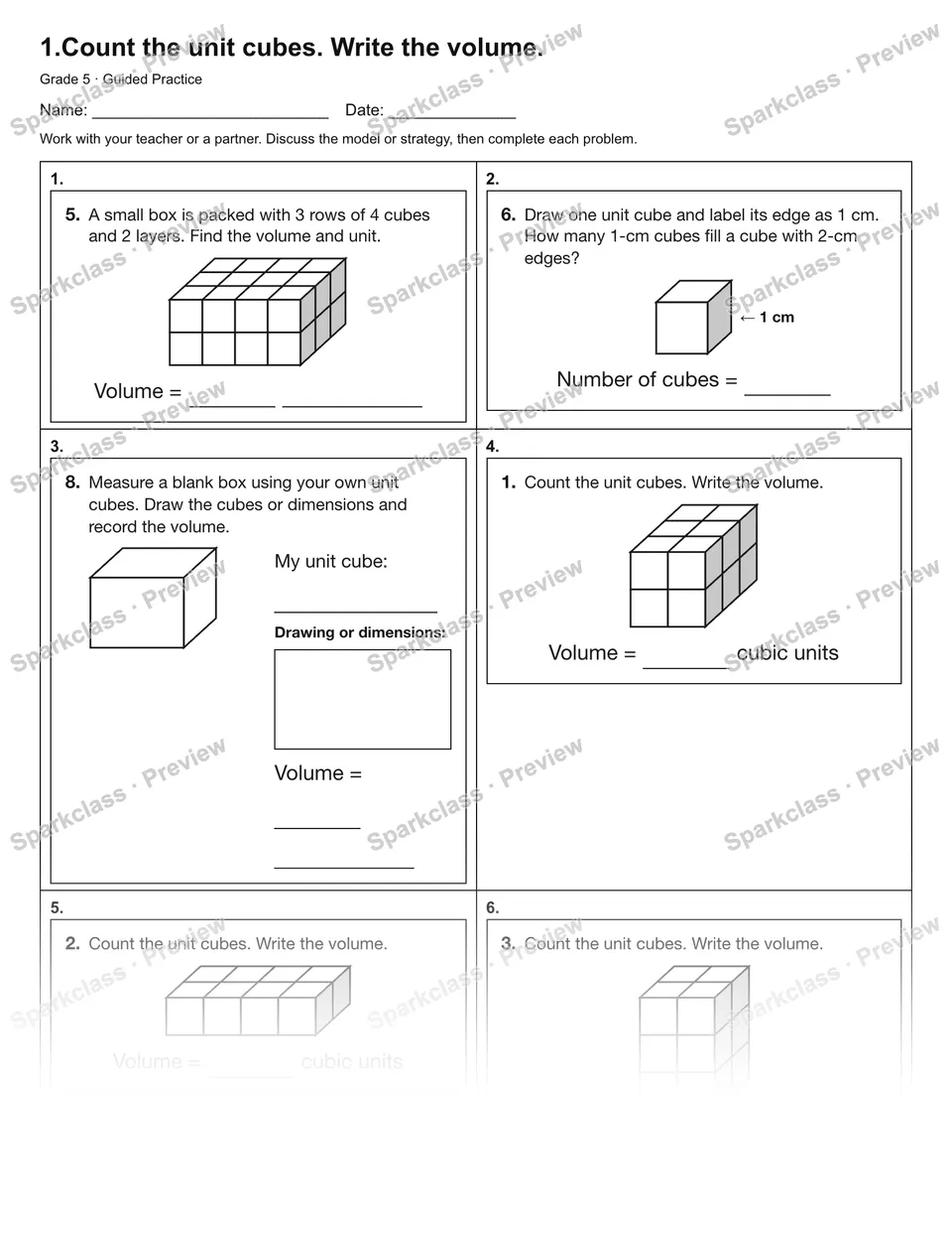 1.Count the unit cubes. Write the volume. — Guided Practice — Grade 5 worksheet preview