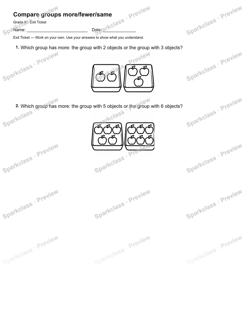 Compare groups more/fewer/same — Exit Ticket — Kindergarten worksheet preview
