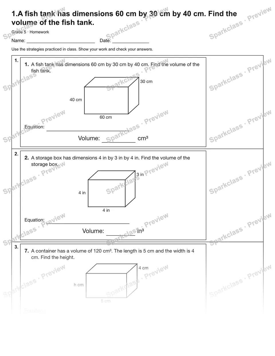 1.A fish tank has dimensions 60 cm by 30 cm by 40 cm. Find the volume of the fish tank. — Homework — Grade 5 worksheet preview