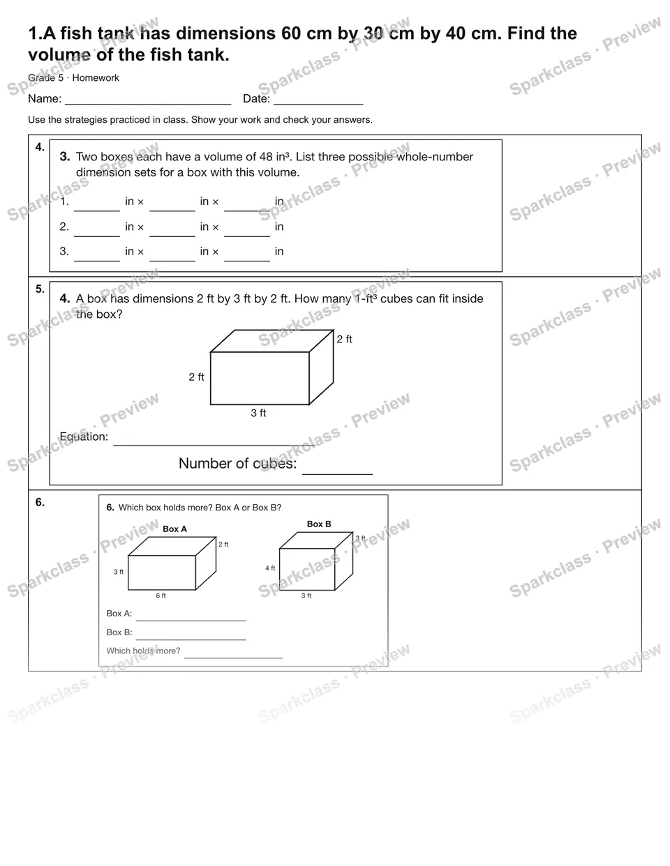 1.A fish tank has dimensions 60 cm by 30 cm by 40 cm. Find the volume of the fish tank. — Homework — page 2