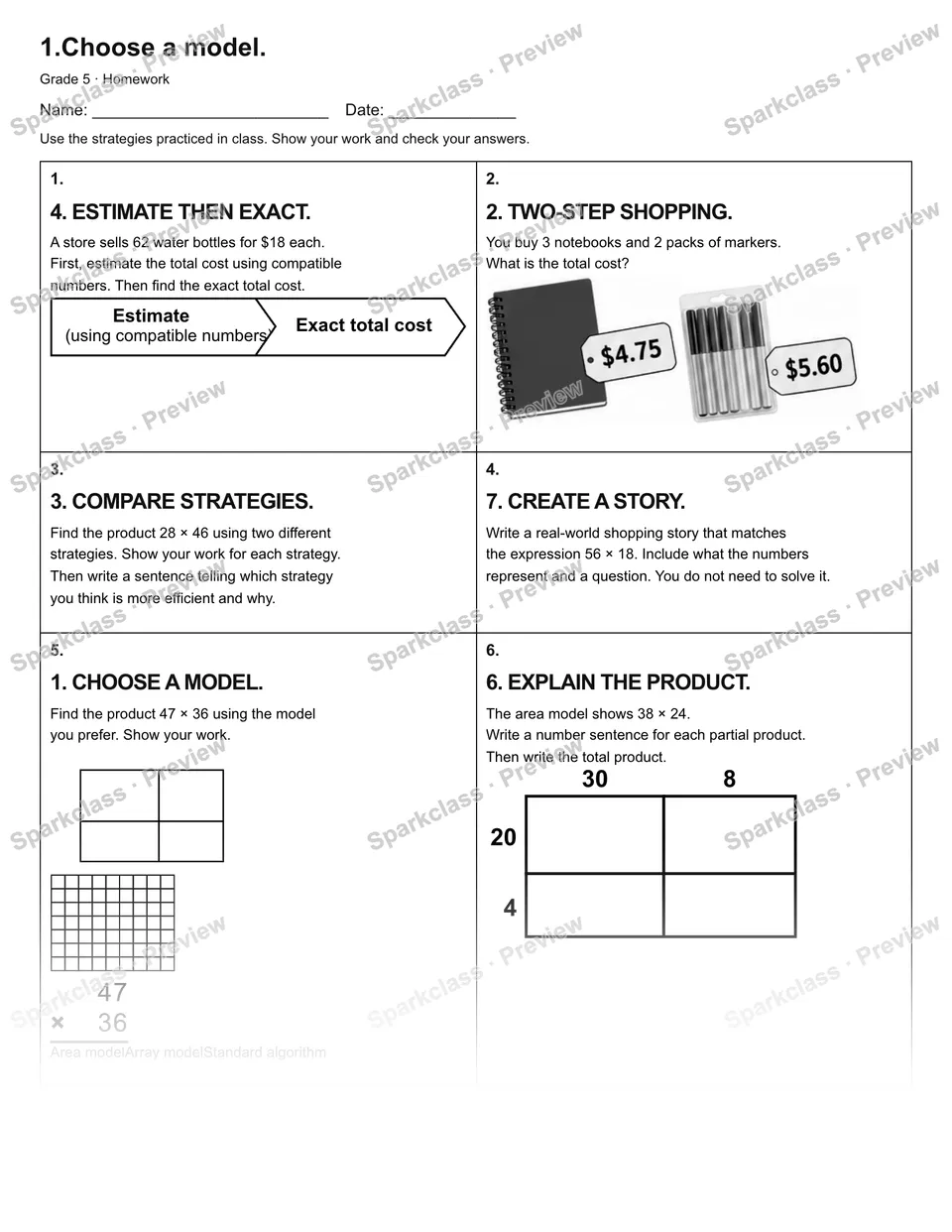 1.Choose a model. — Homework — Grade 5 worksheet preview