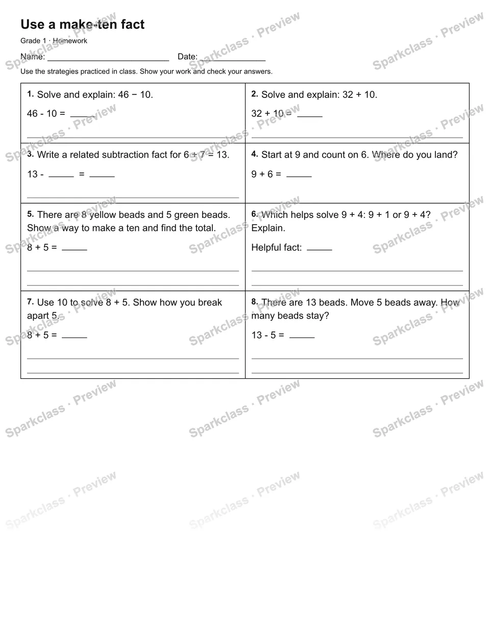 Use a make-ten fact — Homework — Grade 1 worksheet preview