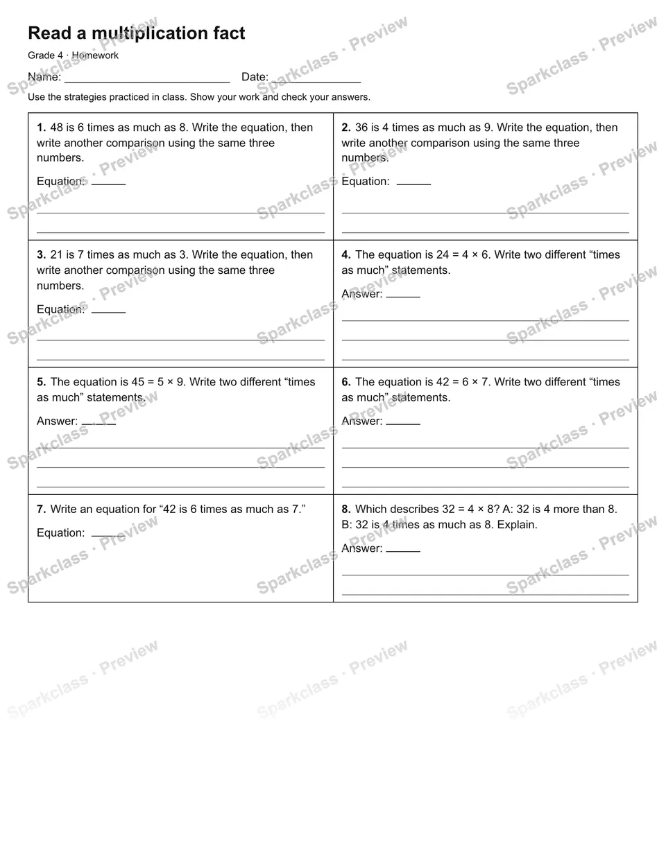 Read a multiplication fact — Homework — Grade 4 worksheet preview