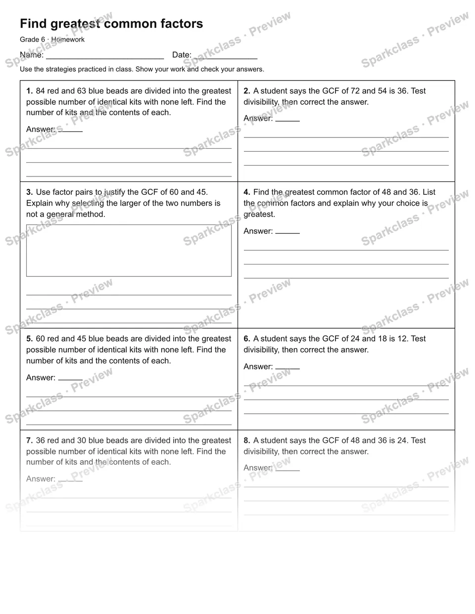 Find greatest common factors — Homework — Grade 6 worksheet preview