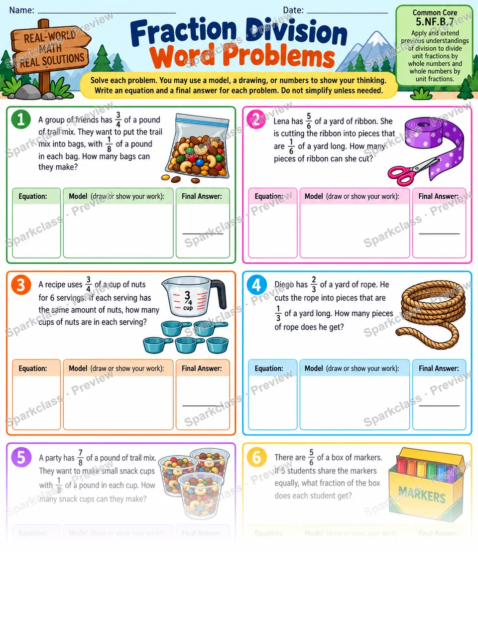 Fraction Division Word Problems — Grade 5 worksheet preview