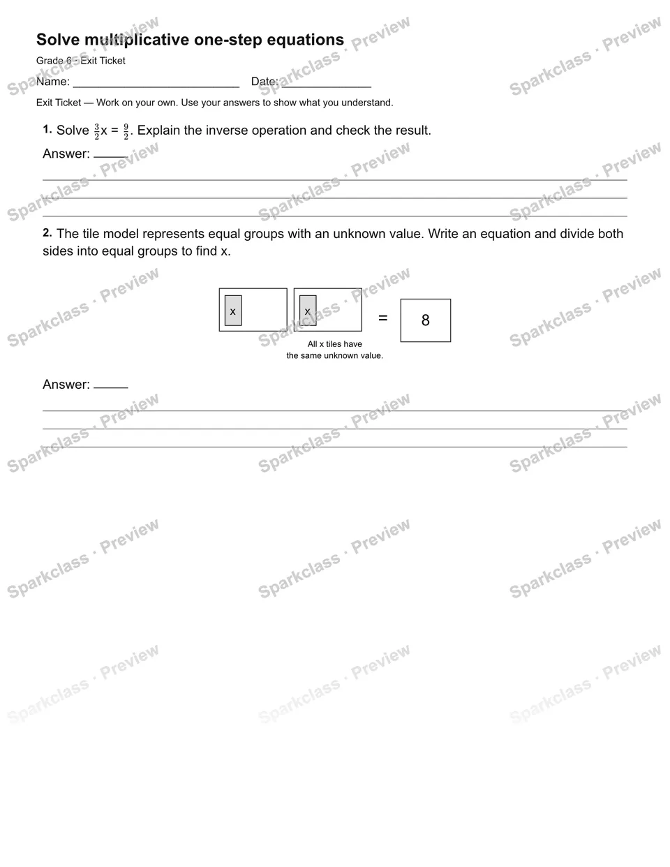Solve multiplicative one-step equations — Exit Ticket — Grade 6 worksheet preview