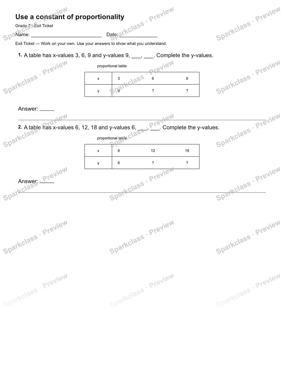 Use a constant of proportionality — Exit Ticket — page 2
