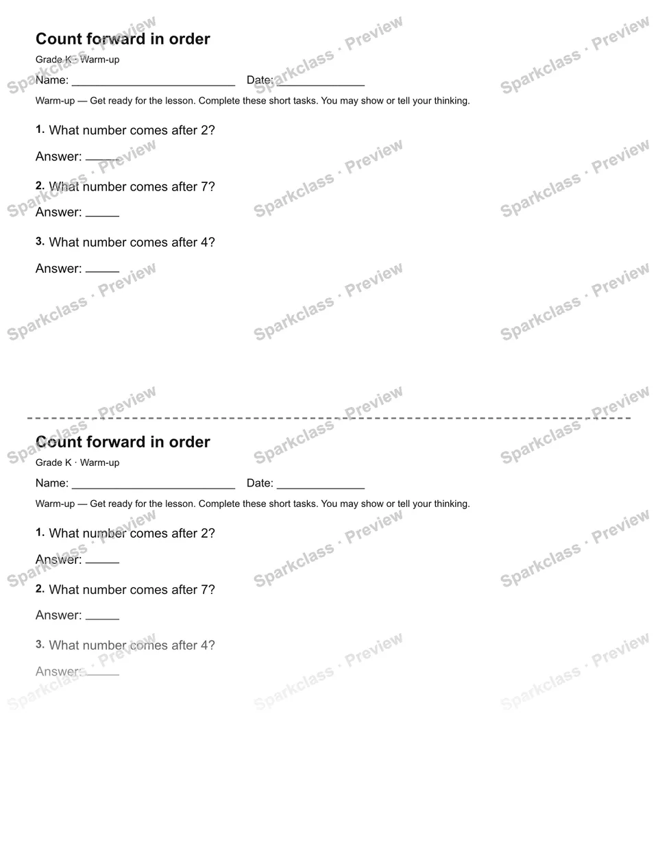 Count forward in order — Warm-up — Kindergarten worksheet preview