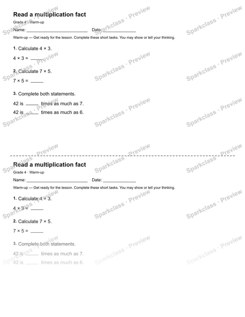 Read a multiplication fact — Warm-up — Grade 4 worksheet preview