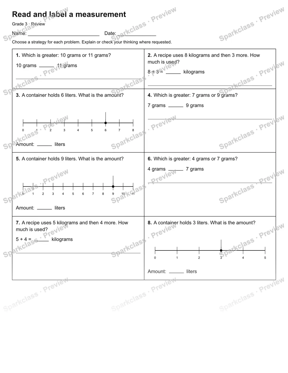 Read and label a measurement — Review — Grade 3 worksheet preview