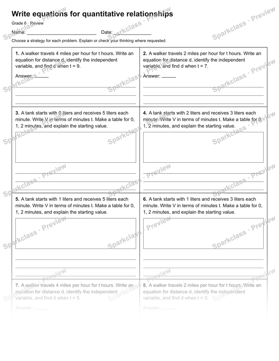 Write equations for quantitative relationships — Review — Grade 6 worksheet preview