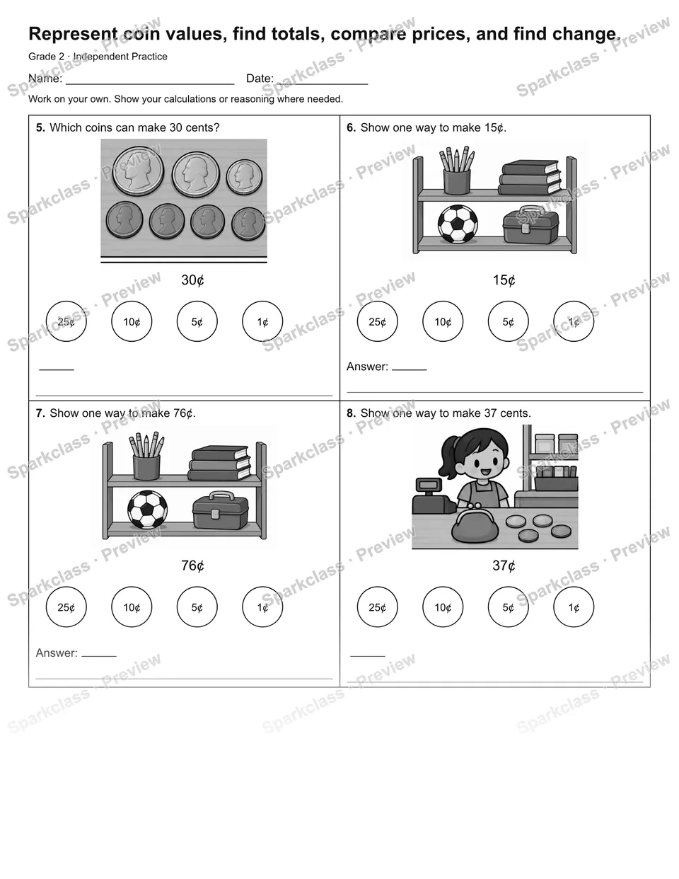 Represent coin values, find totals, compare prices, and find change. — Independent Practice — page 2