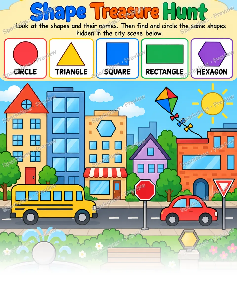 Shape Treasure Hunt · 2D Shapes — Kindergarten worksheet preview