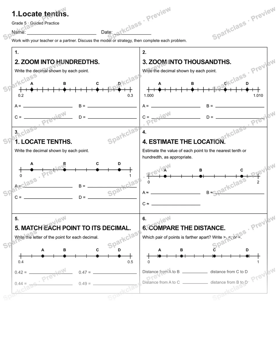 1.Locate tenths. — Guided Practice — Grade 5 worksheet preview