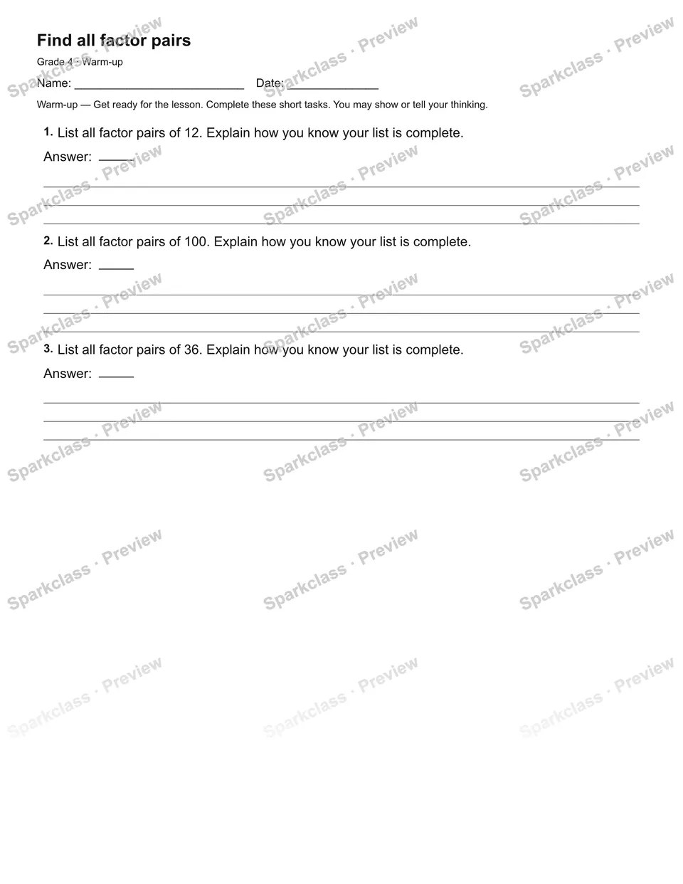 Find all factor pairs — Warm-up — Grade 4 worksheet preview