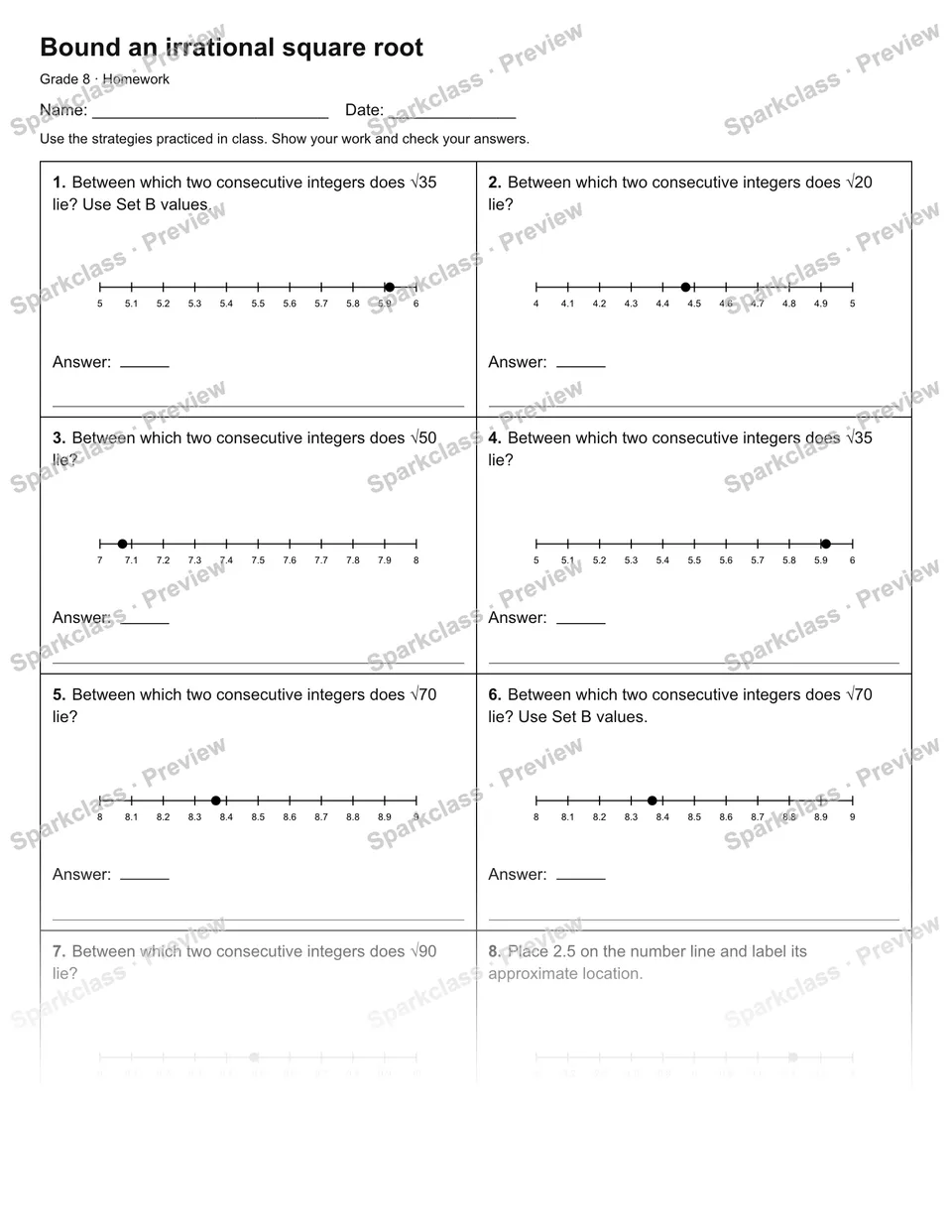 Bound an irrational square root — Homework — Grade 8 worksheet preview