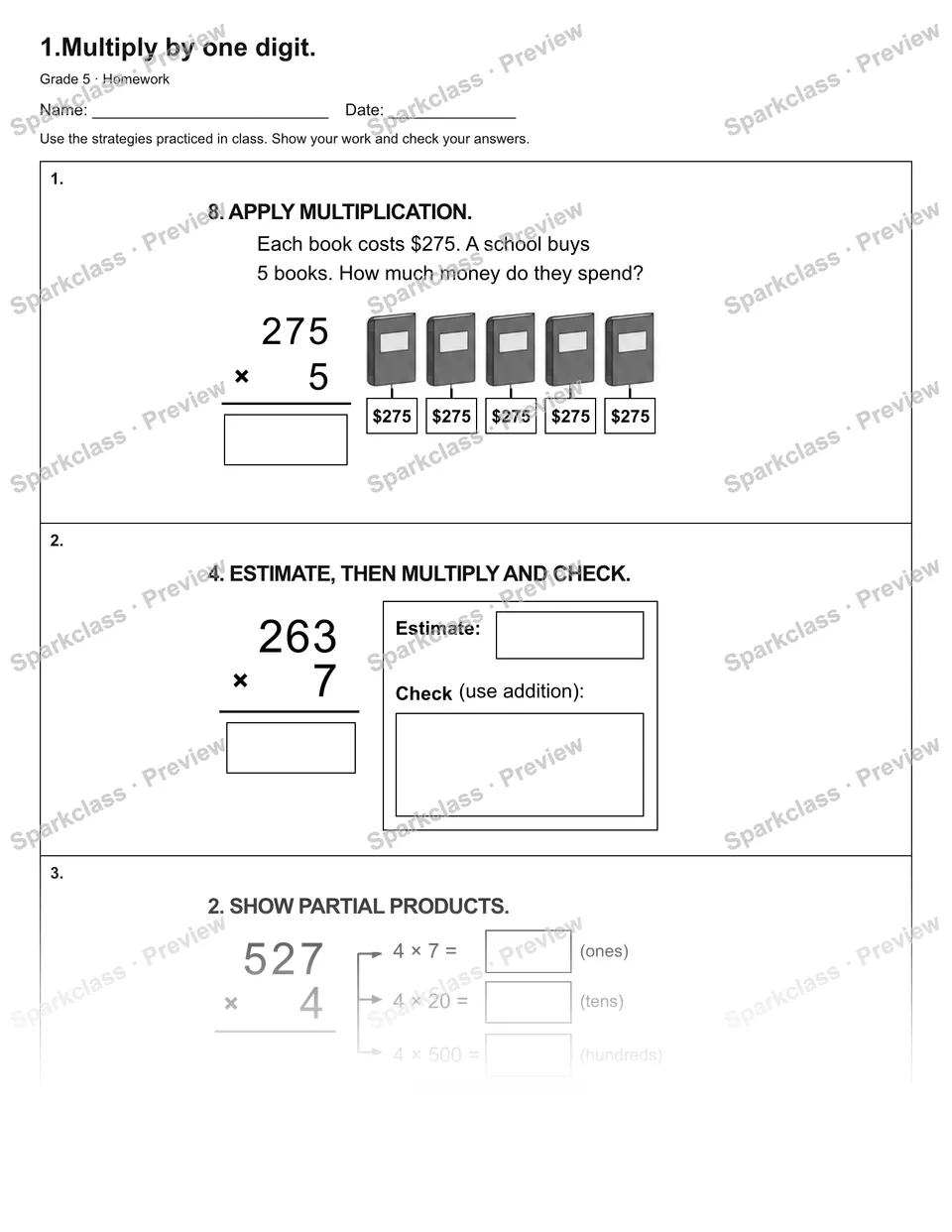 1.Multiply by one digit. — Homework — Grade 5 worksheet preview