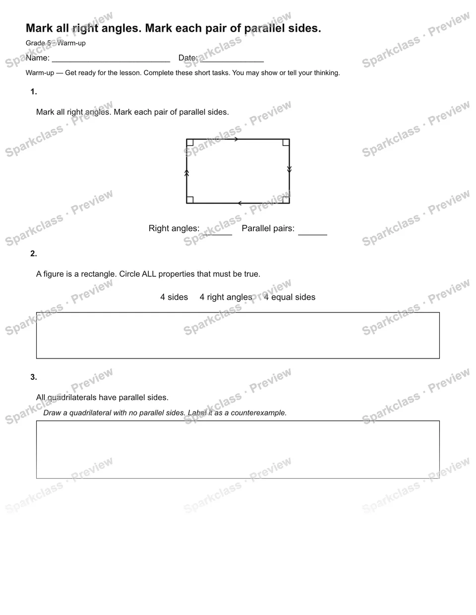 Mark all right angles. Mark each pair of parallel sides. — Warm-up — Grade 5 worksheet preview