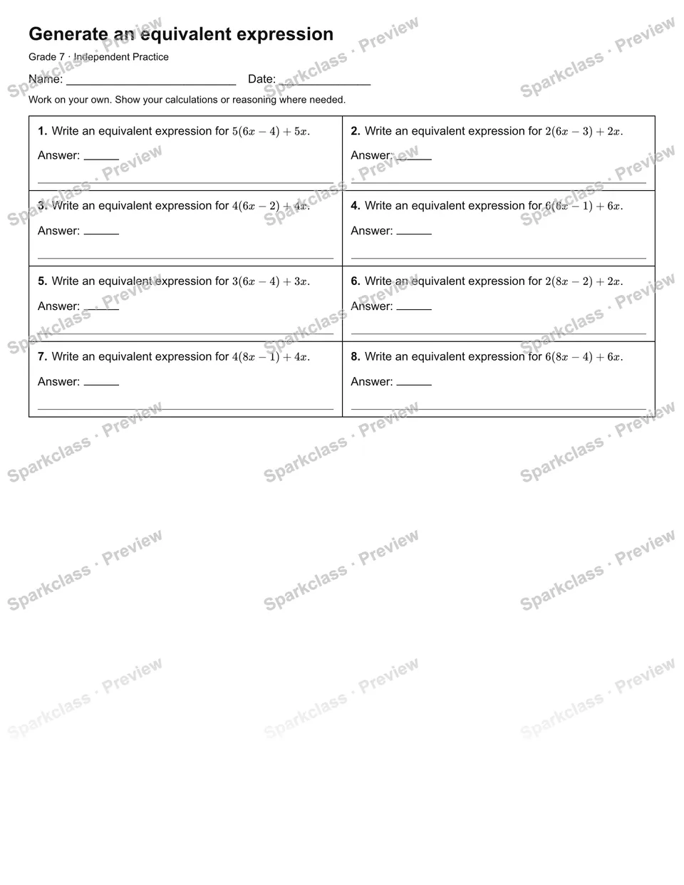 Generate an equivalent expression — Independent Practice — Grade 7 worksheet preview