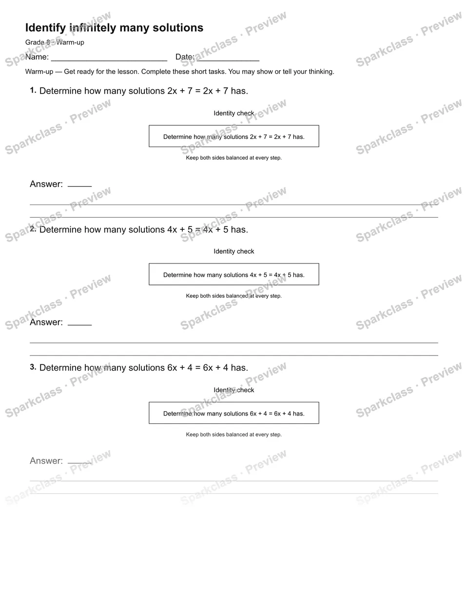 Identify infinitely many solutions — Warm-up — page 2