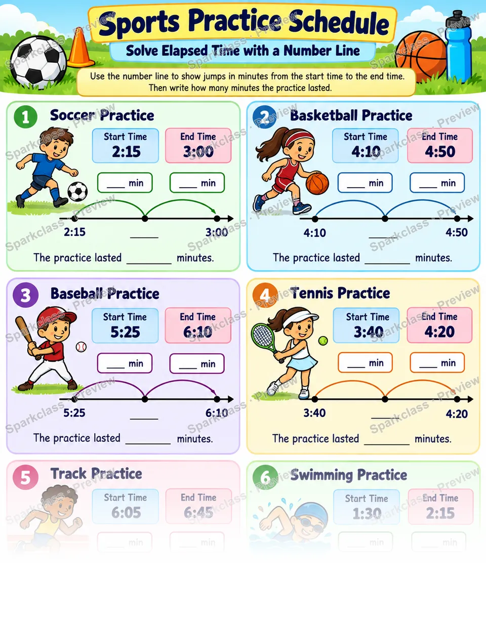 Elapsed Time Number Line 02 — Grade 3 worksheet preview