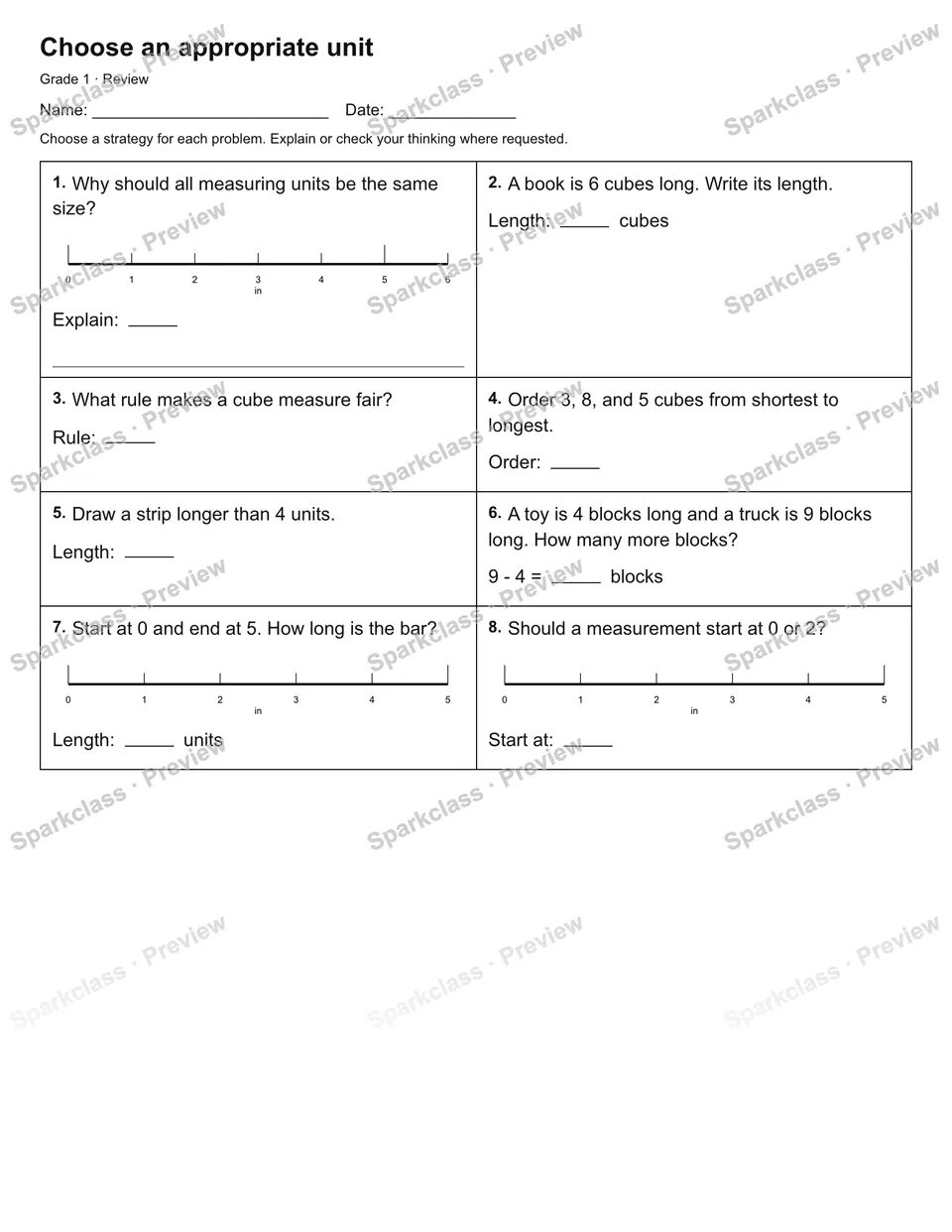 Choose an appropriate unit — Review — Grade 1 worksheet preview