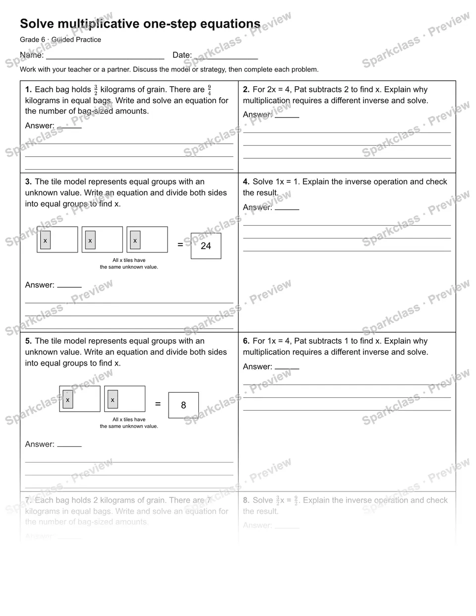 Solve multiplicative one-step equations — Guided Practice — Grade 6 worksheet preview