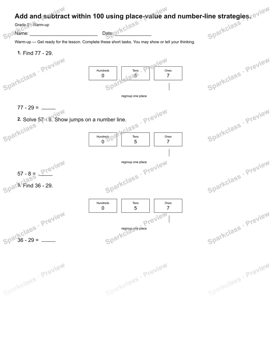 Add and subtract within 100 using place-value and number-line strategies. — Warm-up — Grade 2 worksheet preview