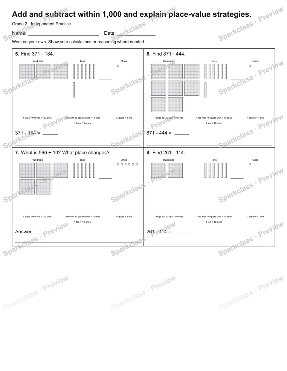 Add and subtract within 1,000 and explain place-value strategies. — Independent Practice — page 2