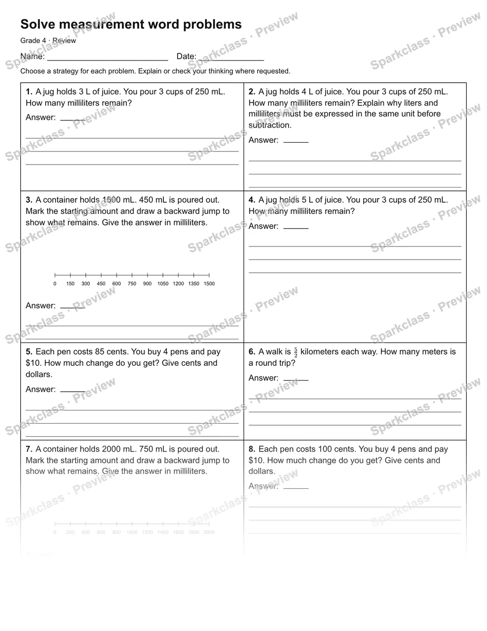 Solve measurement word problems — Review — Grade 4 worksheet preview
