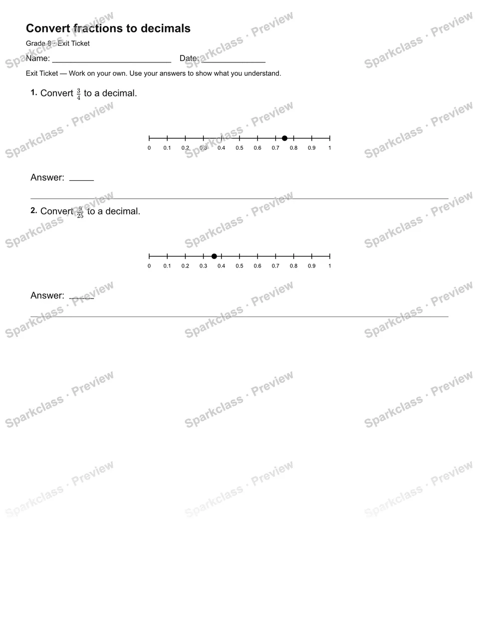 Convert fractions to decimals — Exit Ticket — page 2