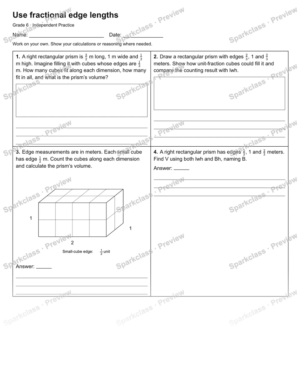 Use fractional edge lengths — Independent Practice — Grade 6 worksheet preview