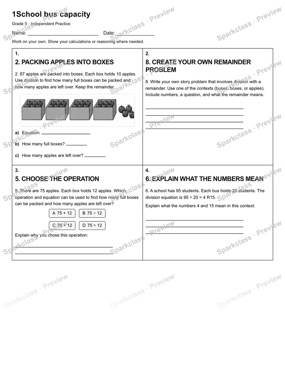 1School bus capacity — Independent Practice — Grade 5 worksheet preview