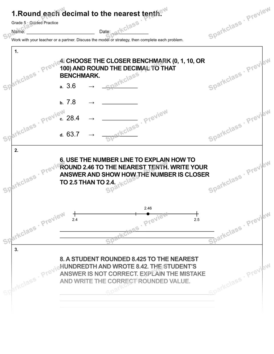 1.Round each decimal to the nearest tenth. — Guided Practice — Grade 5 worksheet preview