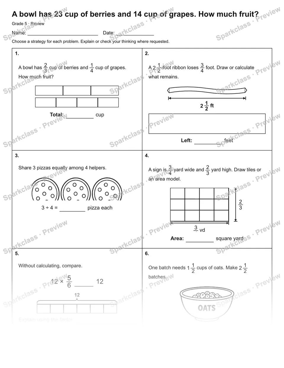 A bowl has 23 cup of berries and 14 cup of grapes. How much fruit? — Review — Grade 5 worksheet preview