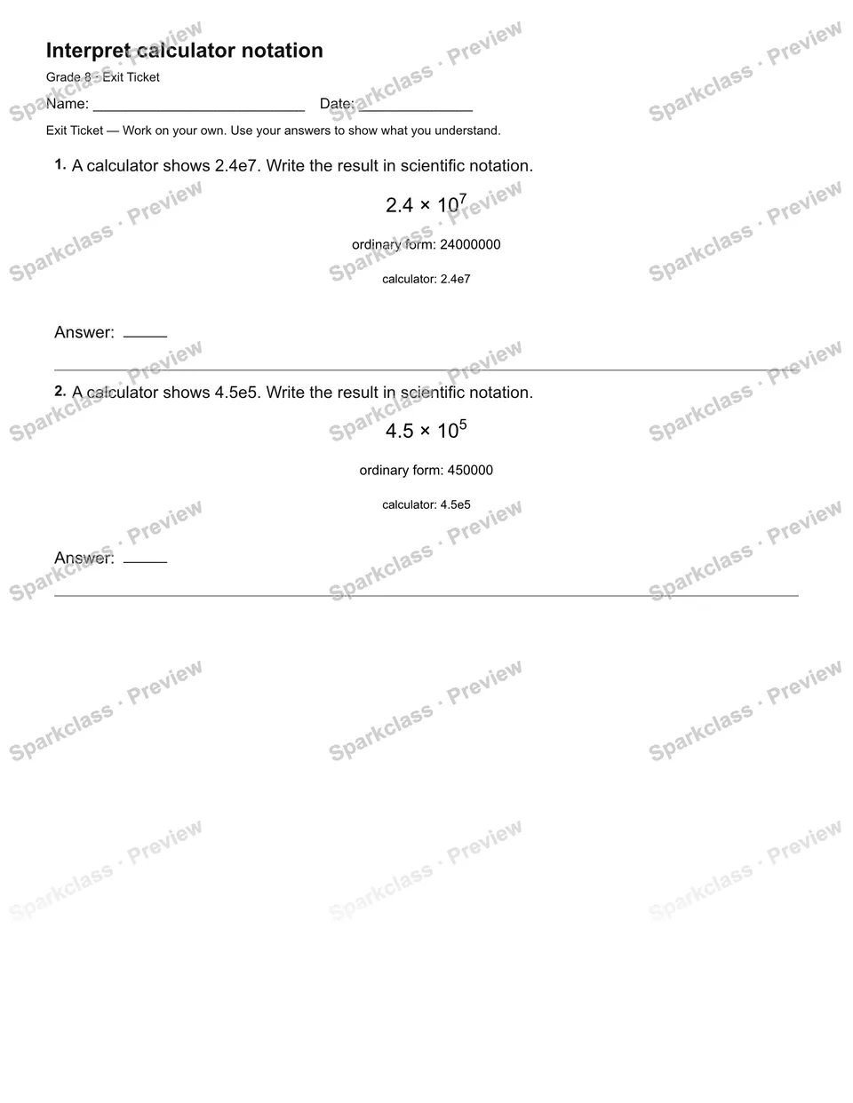 Interpret calculator notation — Exit Ticket — page 2