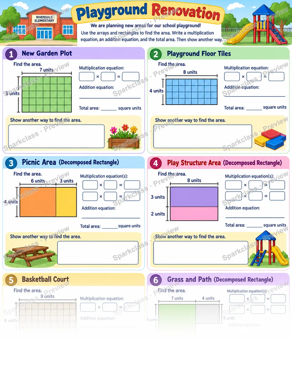 Playground Area · Multiplication and Addition — Grade 3 worksheet preview