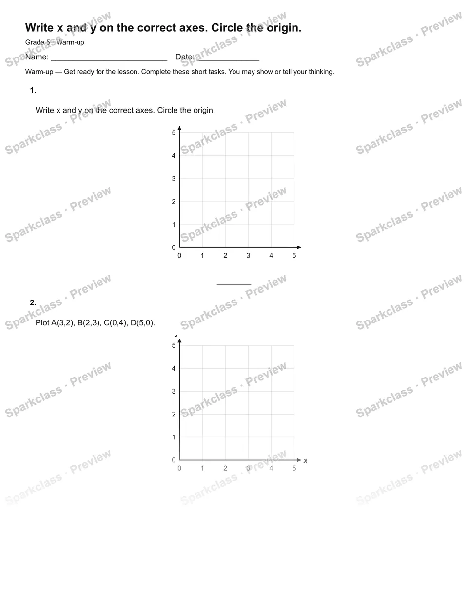 Write x and y on the correct axes. Circle the origin. — Warm-up — Grade 5 worksheet preview