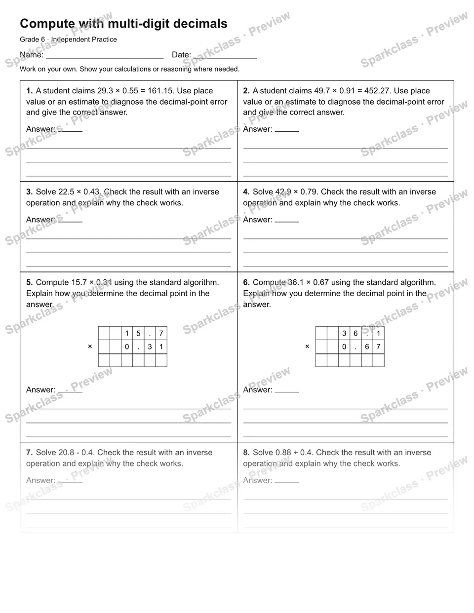Compute with multi-digit decimals — Independent Practice — Grade 6 worksheet preview