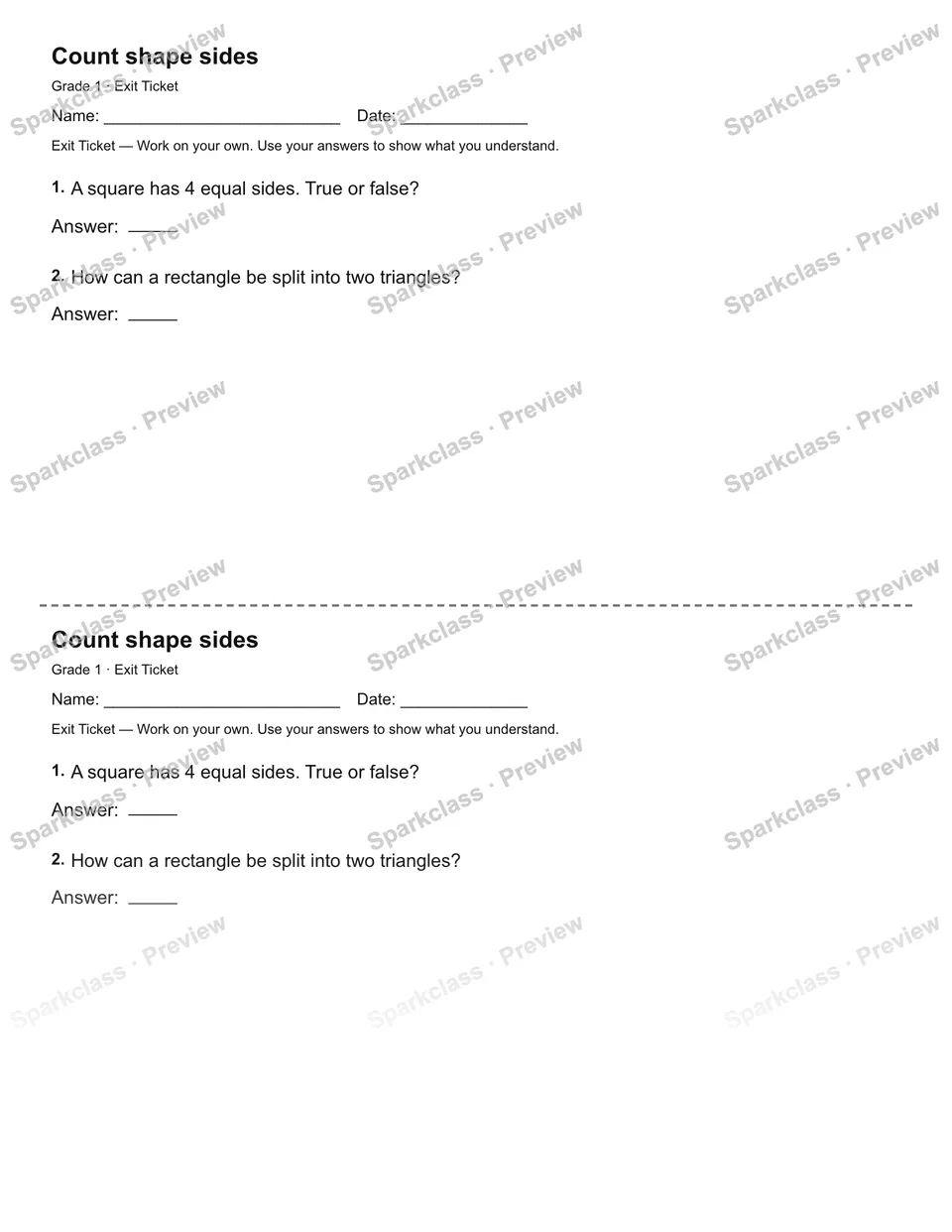 Count shape sides — Exit Ticket — Grade 1 worksheet preview