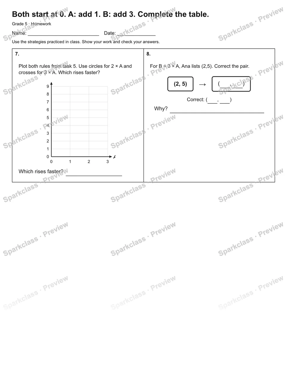 Both start at 0. A: add 1. B: add 3. Complete the table. — Homework — page 2