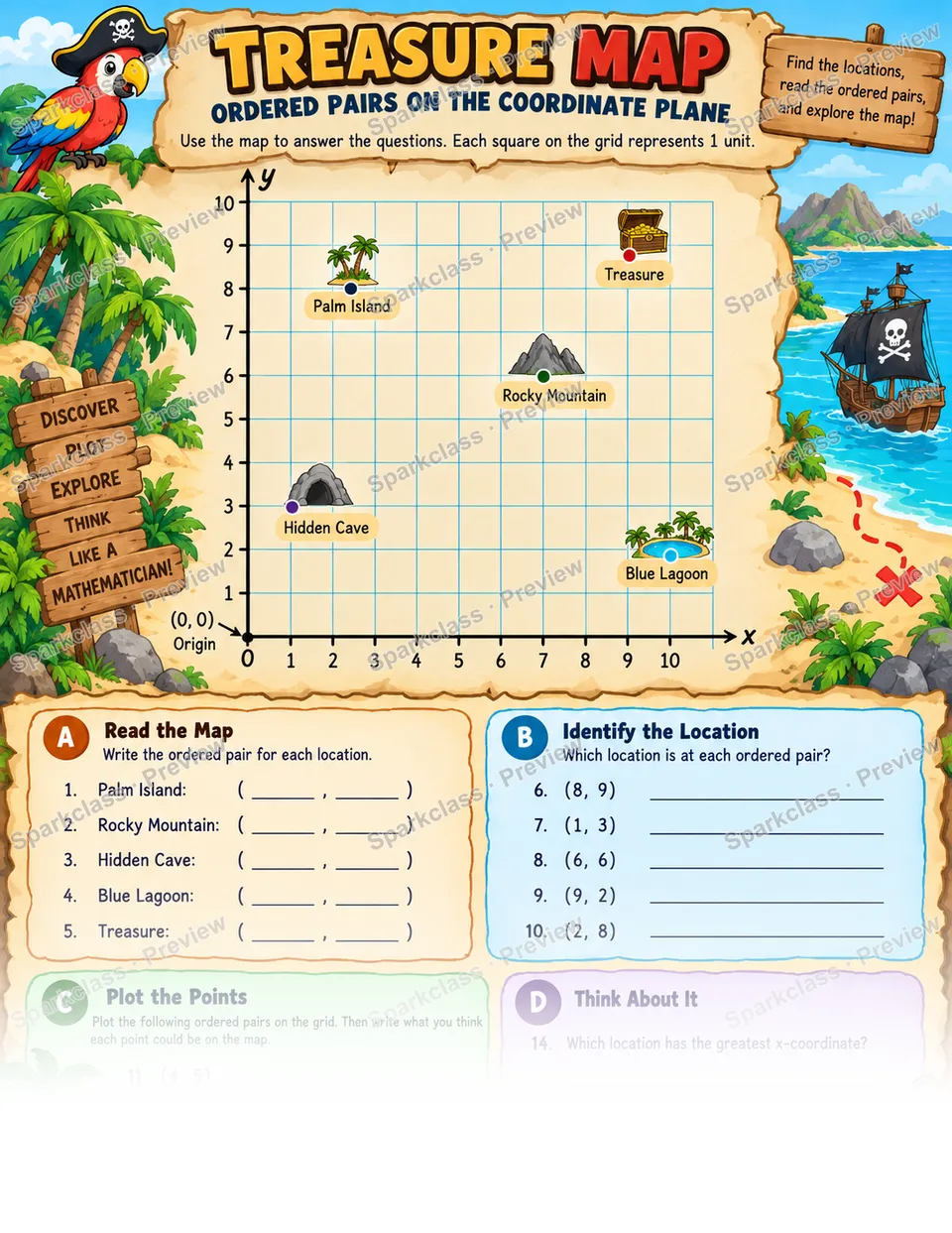 Treasure Map · Ordered Pairs — Grade 5 worksheet preview